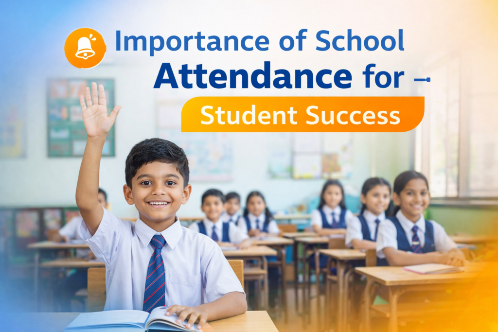 Happy school boy raising hand in classroom showing importance of school attendance for student success