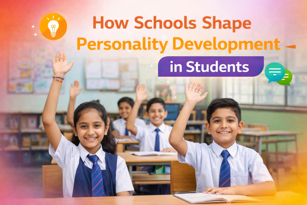 School students raising hands in classroom representing personality development, confidence, and communication skills growth