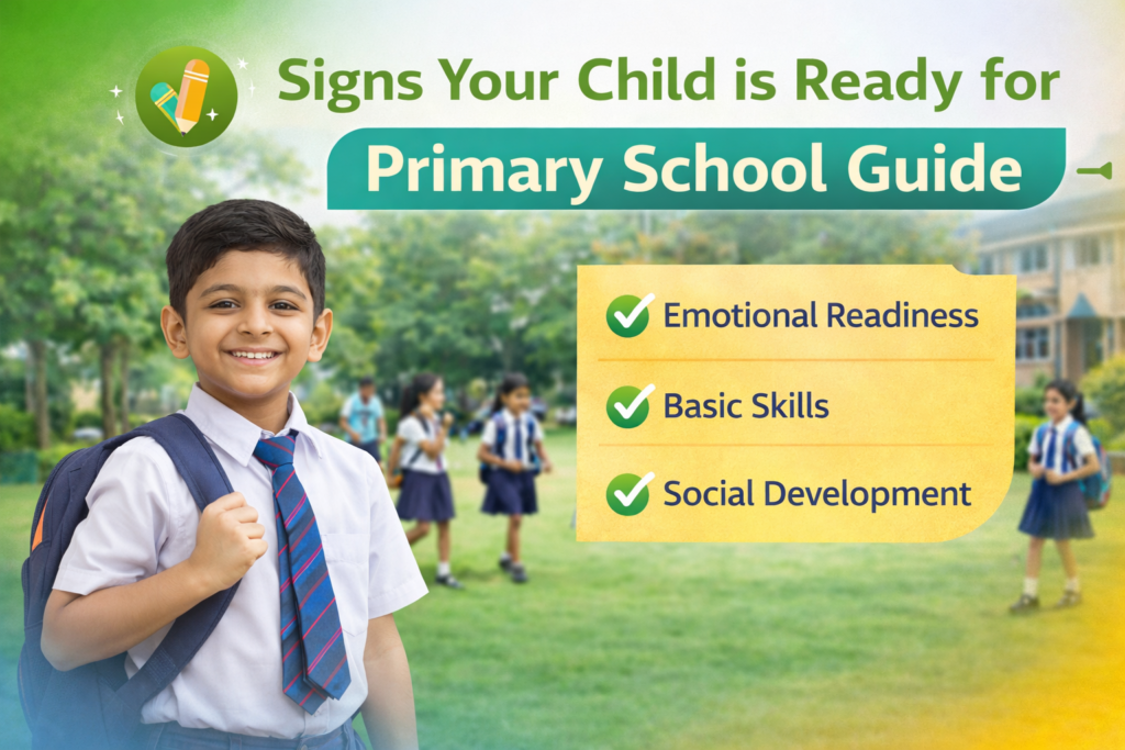 Child with school bag representing signs of readiness for primary school including emotional, social, and basic learning skills
