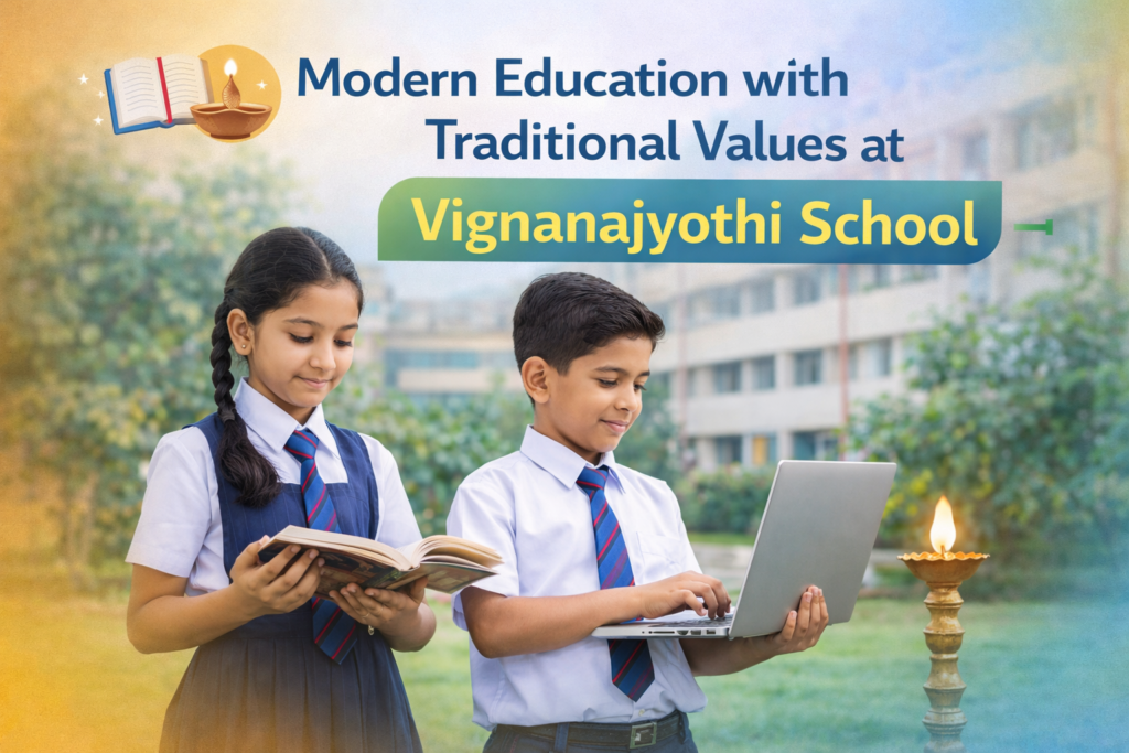 Students learning with books and technology representing modern education blended with traditional values and cultural learning