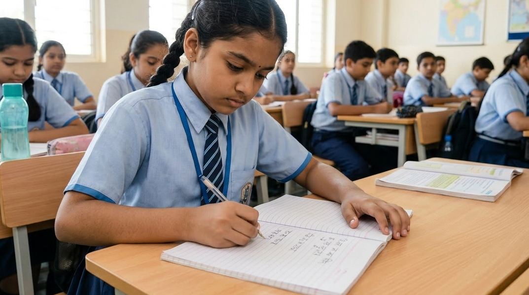 Student studying in classroom showing benefits of regular school attendance