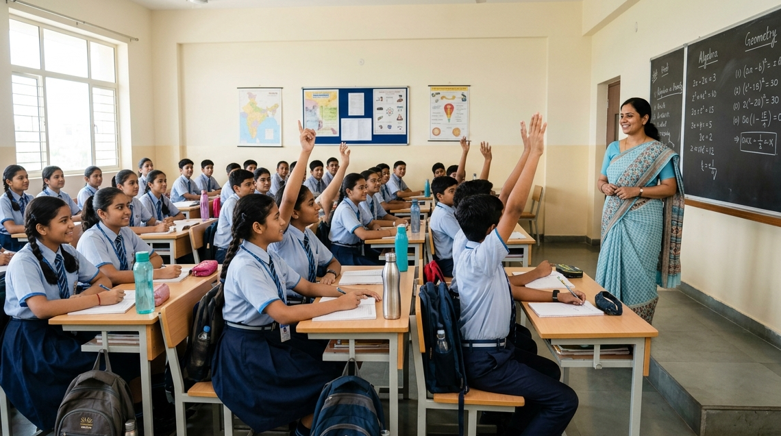 Students raising hands in classroom showing importance of school attendance